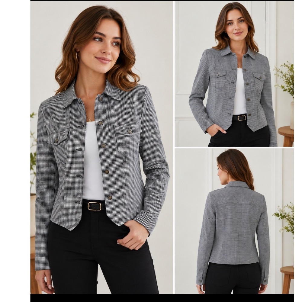 Women's Black White Gingham Button Front Jacket Stretch Cotton Small Parisian‎